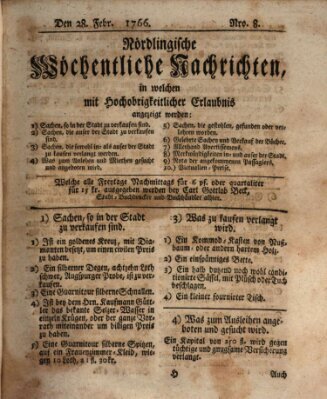 Nördlingische wöchentliche Nachrichten (Intelligenzblatt der Königlich Bayerischen Stadt Nördlingen) Freitag 28. Februar 1766
