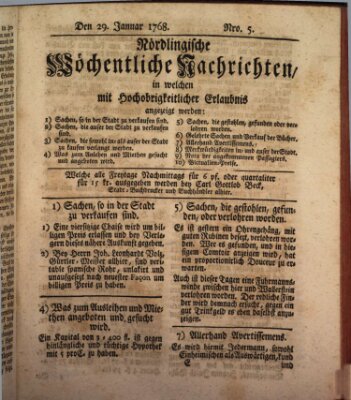 Nördlingische wöchentliche Nachrichten (Intelligenzblatt der Königlich Bayerischen Stadt Nördlingen) Freitag 29. Januar 1768