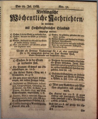 Nördlingische wöchentliche Nachrichten (Intelligenzblatt der Königlich Bayerischen Stadt Nördlingen) Freitag 29. Juli 1768