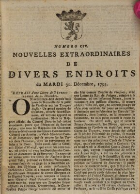 Nouvelles extraordinaires de divers endroits Dienstag 30. Dezember 1794