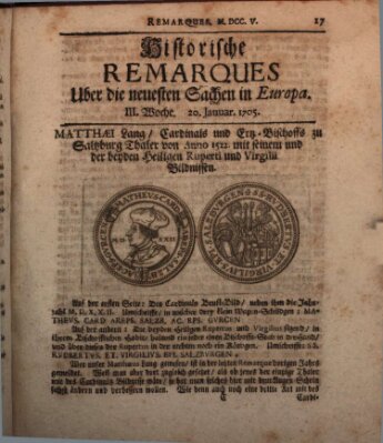 Historische Remarques über neuesten Sachen in Europa des ... Jahres Dienstag 20. Januar 1705