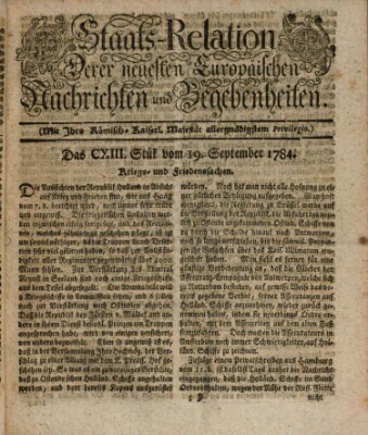 Staats-Relation der neuesten europäischen Nachrichten und Begebenheiten Sonntag 19. September 1784