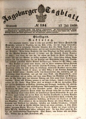 Augsburger Tagblatt Mittwoch 17. Juli 1839