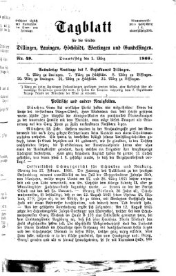Tagblatt für die Städte Dillingen, Lauingen, Höchstädt, Wertingen und Gundelfingen Donnerstag 1. März 1866