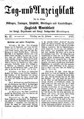 Tag- und Anzeigblatt für die Städte Dillingen, Lauingen, Höchstädt, Wertingen und Gundelfingen (Tagblatt für die Städte Dillingen, Lauingen, Höchstädt, Wertingen und Gundelfingen) Dienstag 26. Februar 1867