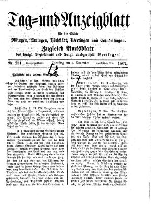 Tag- und Anzeigblatt für die Städte Dillingen, Lauingen, Höchstädt, Wertingen und Gundelfingen (Tagblatt für die Städte Dillingen, Lauingen, Höchstädt, Wertingen und Gundelfingen) Dienstag 5. November 1867