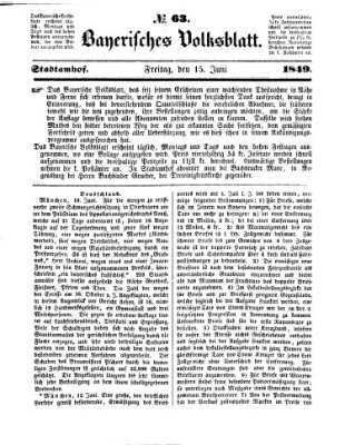 Bayerisches Volksblatt (Regensburger Morgenblatt) Freitag 15. Juni 1849