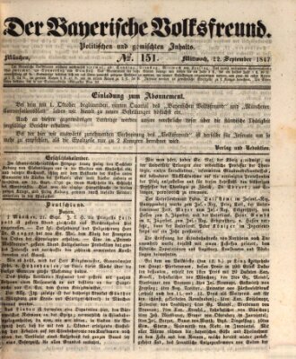 Der bayerische Volksfreund Mittwoch 22. September 1847