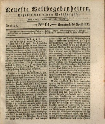 Neueste Weltbegebenheiten (Kemptner Zeitung) Freitag 16. April 1830