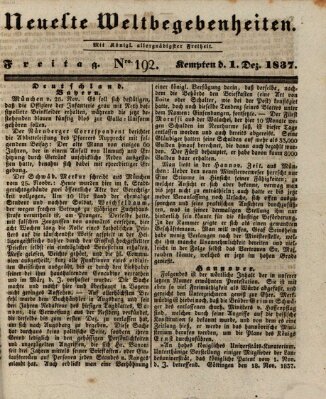 Neueste Weltbegebenheiten (Kemptner Zeitung) Freitag 1. Dezember 1837