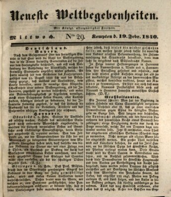 Neueste Weltbegebenheiten (Kemptner Zeitung) Mittwoch 19. Februar 1840