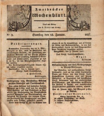 Zweibrücker Wochenblatt Samstag 13. Januar 1827
