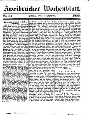 Zweibrücker Wochenblatt Dienstag 17. Dezember 1833