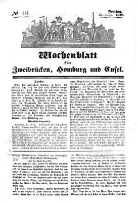 Wochenblatt für Zweibrücken, Homburg und Cusel (Zweibrücker Wochenblatt) Freitag 22. September 1837