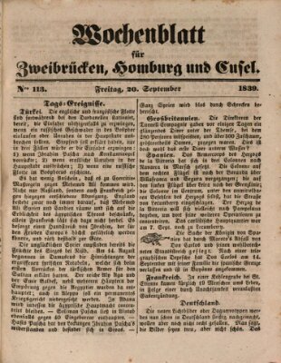 Wochenblatt für Zweibrücken, Homburg und Cusel (Zweibrücker Wochenblatt) Freitag 20. September 1839