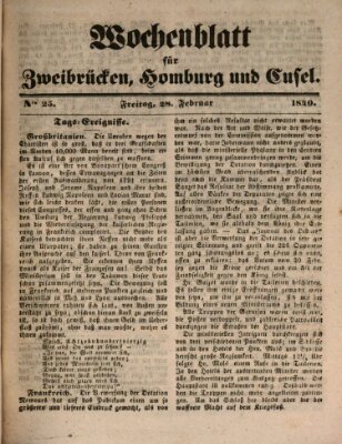Wochenblatt für Zweibrücken, Homburg und Cusel (Zweibrücker Wochenblatt) Freitag 28. Februar 1840