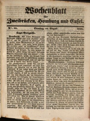 Wochenblatt für Zweibrücken, Homburg und Cusel (Zweibrücker Wochenblatt) Dienstag 18. August 1840