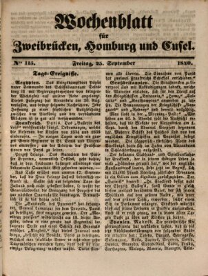 Wochenblatt für Zweibrücken, Homburg und Cusel (Zweibrücker Wochenblatt) Freitag 25. September 1840