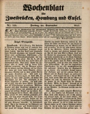 Wochenblatt für Zweibrücken, Homburg und Cusel (Zweibrücker Wochenblatt) Freitag 24. September 1841