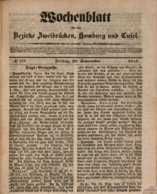 Wochenblatt für die Bezirke Zweibrücken, Homburg und Cusel (Zweibrücker Wochenblatt) Freitag 29. September 1843
