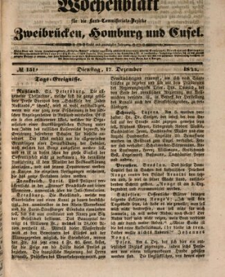 Wochenblatt für die Land-Commissariats-Bezirke Zweibrücken, Homburg und Cusel (Zweibrücker Wochenblatt) Dienstag 17. Dezember 1844