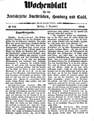 Wochenblatt für die Amtsbezirke Zweibrücken, Homburg und Cusel (Zweibrücker Wochenblatt) Freitag 4. Dezember 1846