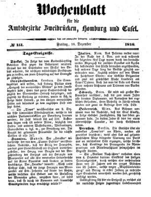 Wochenblatt für die Amtsbezirke Zweibrücken, Homburg und Cusel (Zweibrücker Wochenblatt) Freitag 18. Dezember 1846
