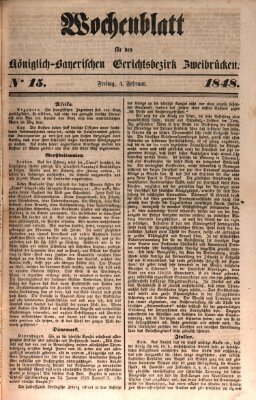 Wochenblatt für den Königlich-Bayerischen Gerichtsbezirk Zweibrücken (Zweibrücker Wochenblatt) Freitag 4. Februar 1848