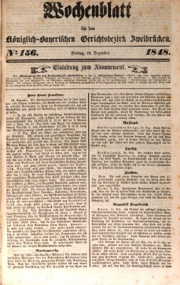 Wochenblatt für den Königlich-Bayerischen Gerichtsbezirk Zweibrücken (Zweibrücker Wochenblatt) Freitag 29. Dezember 1848