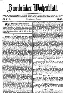 Zweibrücker Wochenblatt Dienstag 2. Oktober 1855