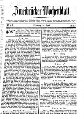 Zweibrücker Wochenblatt Dienstag 14. April 1857