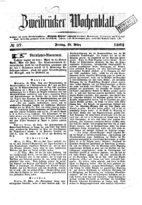Zweibrücker Wochenblatt Freitag 28. März 1862