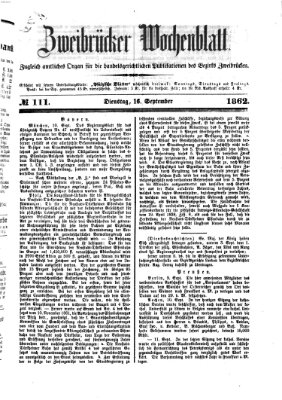Zweibrücker Wochenblatt Dienstag 16. September 1862