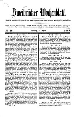 Zweibrücker Wochenblatt Freitag 21. April 1865