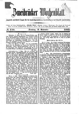 Zweibrücker Wochenblatt Dienstag 12. September 1865