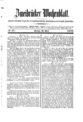 Zweibrücker Wochenblatt Freitag 20. April 1866