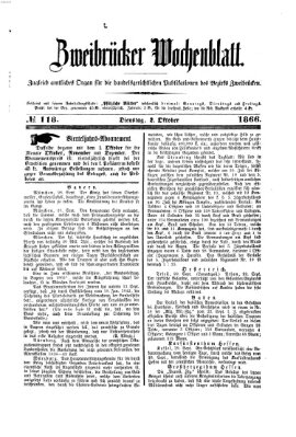 Zweibrücker Wochenblatt Dienstag 2. Oktober 1866