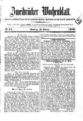 Zweibrücker Wochenblatt Samstag 29. Februar 1868