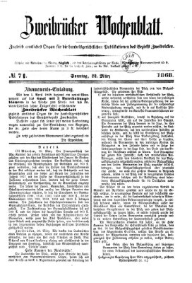 Zweibrücker Wochenblatt Sonntag 22. März 1868