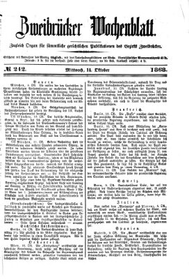 Zweibrücker Wochenblatt Mittwoch 14. Oktober 1868