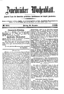 Zweibrücker Wochenblatt Freitag 25. Dezember 1868