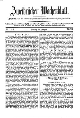 Zweibrücker Wochenblatt Freitag 20. August 1869