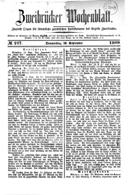Zweibrücker Wochenblatt Donnerstag 16. September 1869