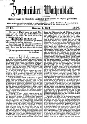 Zweibrücker Wochenblatt Samstag 2. April 1870