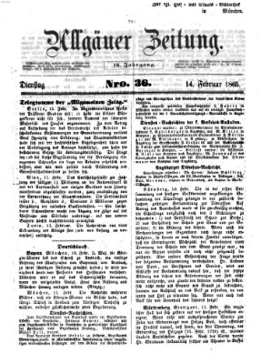 Allgäuer Zeitung Dienstag 14. Februar 1865
