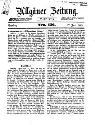 Allgäuer Zeitung Samstag 17. Juni 1865