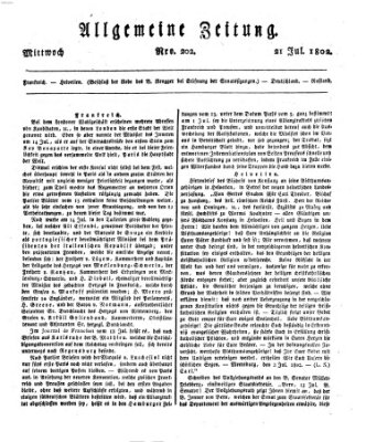 Allgemeine Zeitung Mittwoch 21. Juli 1802