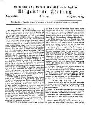 Kaiserlich- und Kurpfalzbairisch privilegirte allgemeine Zeitung (Allgemeine Zeitung) Donnerstag 27. September 1804