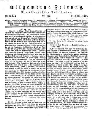 Allgemeine Zeitung Dienstag 14. April 1829