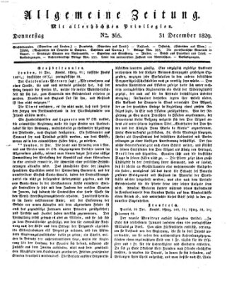 Allgemeine Zeitung Donnerstag 31. Dezember 1829